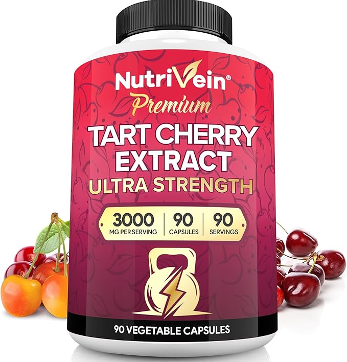 Nutrivein Premium Tart Cherry Capsules 3000mg: Ultra Strength Tart Cherry Extract Supplement for Post-Athletic Recovery Detox Rest &amp Mobility