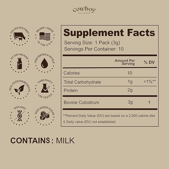 Cowboy - The Exclusive 1st Milking Whole Grass Fed Colostrum Supplement for Full Body Health - Bovine Colostrum Powder Packed w/Bioactive Nutrients (10 Travel Packs - Unflavored)