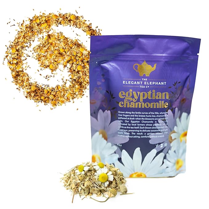 Egyptian Chamomile Tea Organic Loose Leaf Herbal Tea – Cozy Calming – Supports Stress Relief Relaxation &amp Sleep – 4 oz Resealable Bag (Makes 50 Cups) – The Elegant Elephant