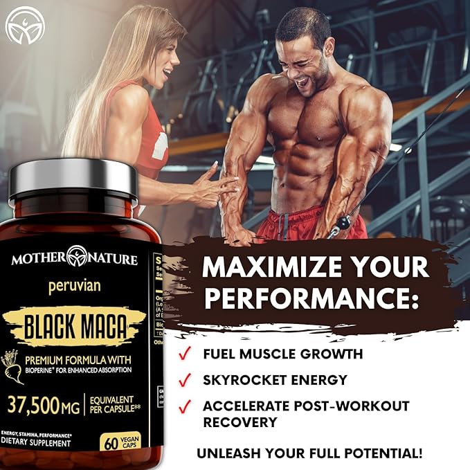 Black Maca Root 50:1 Extract 37500mg – 60 Capsules Organic Peruvian Maca Peruana Supplement for Men | High Potency Energy Mood &amp Performance Support | Vegan Non-GMO