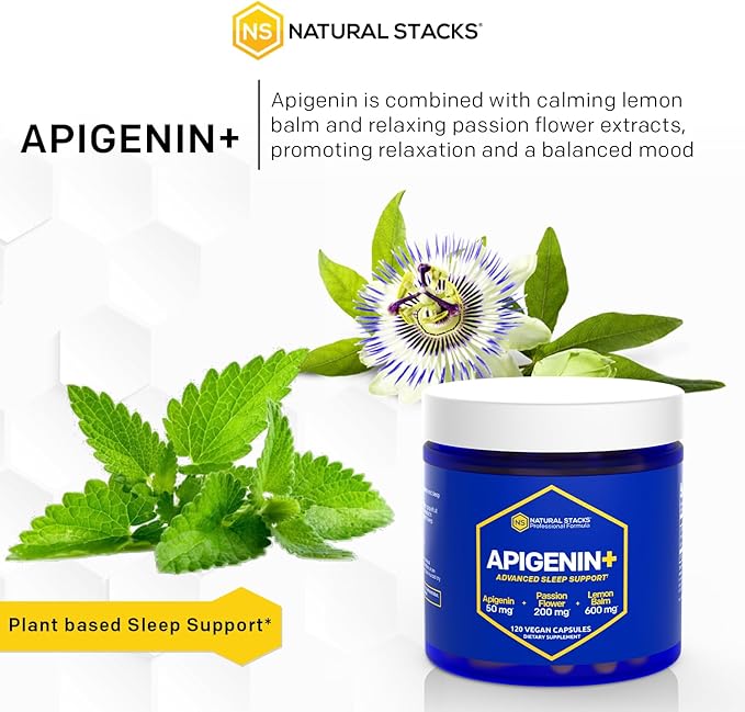 NATURAL STACKS Apigenin Supplement for Sleep - 50mg Apigenin &amp 600mg Lemon Balm - Melatonin Free Sleep Aid - with Passion Flower Extract for Stress Support* - 120 Lemon Balm Capsules