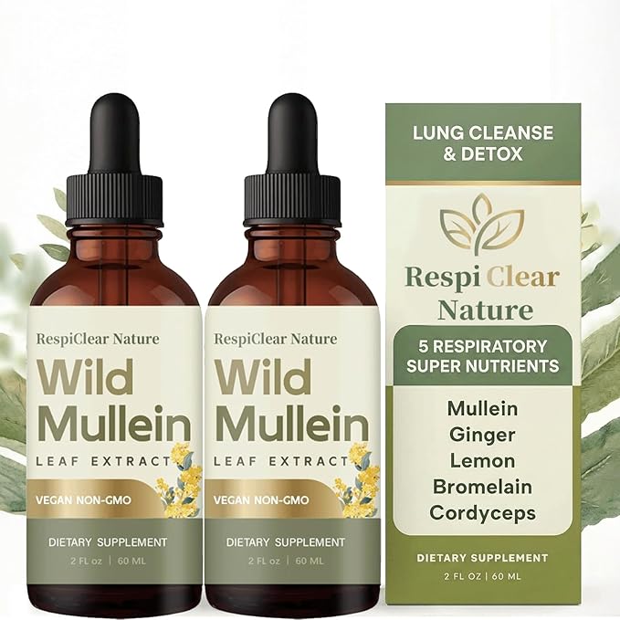 2Pcs Wild Mullein Leaf ExtractGinger &amp Lemon for Lung Cleanse Vegan Non-GMO (2 Bottle)