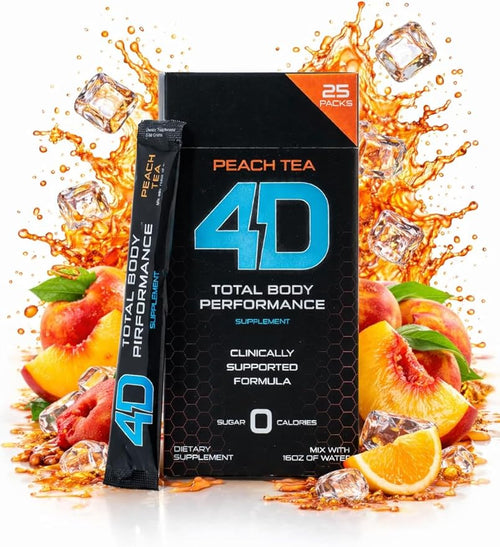 4D - Peach Tea 25 Unit - Electrolytes Aminos Vitamins &amp Energy Powder Packets - Zero Calories &amp Sugars - Gluten Free Non-GMO Keto &amp Vegan Friendly
