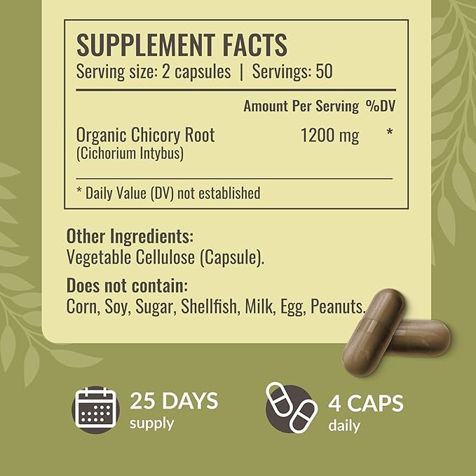 HERBAMAMA Chicory Root Fiber Capsules - 1200mg Chicory Root Powder for Gut Cleanse &amp Digestive Support - Vegan Non-GMO Inulin Prebiotic Fiber Supplement