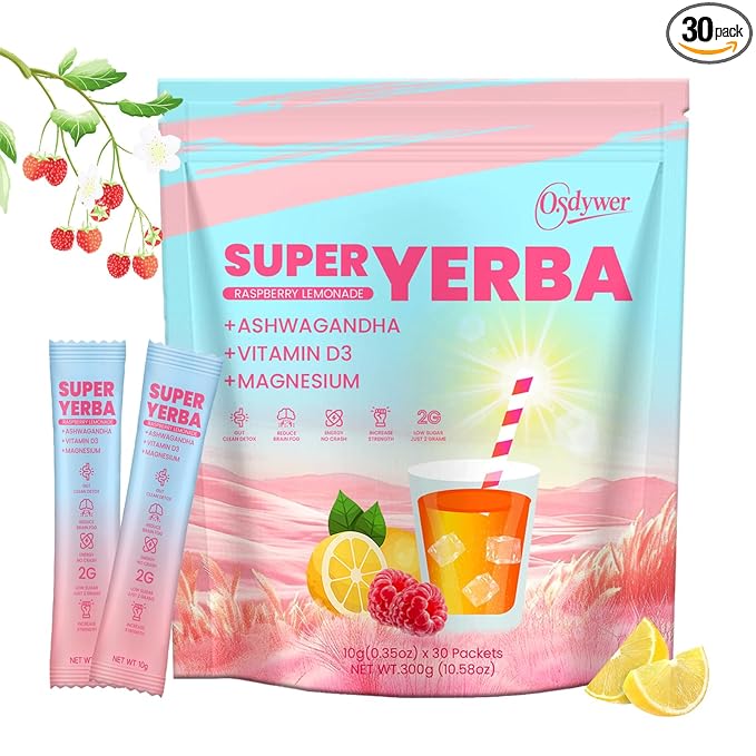 Super Yerba Packets - Yerba Mate Instant Tea Powder 3-in-1 Super Drink Mix for GutHealth Raspberry Lemonade Flavor Energy Boost &amp Focus-30 Servings(1)