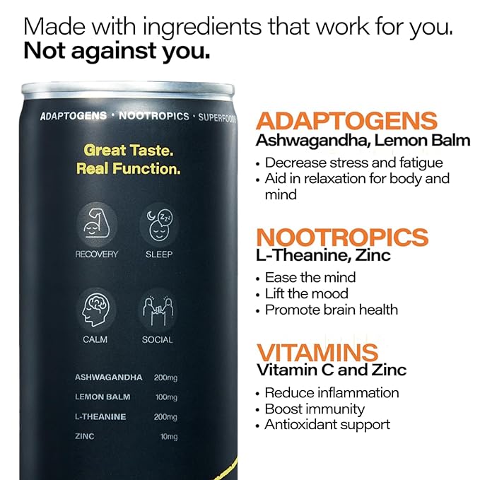 Peak Cocktails Non-Alcoholic Cocktail | Adaptogens Nootropics Superfoods for Recovery Calm Sleep | Ashwagandha Tart Cherry L-Theanine | Mixologist-crafted | Lemon Juniper Fizz | 8.4 oz 12-Pack