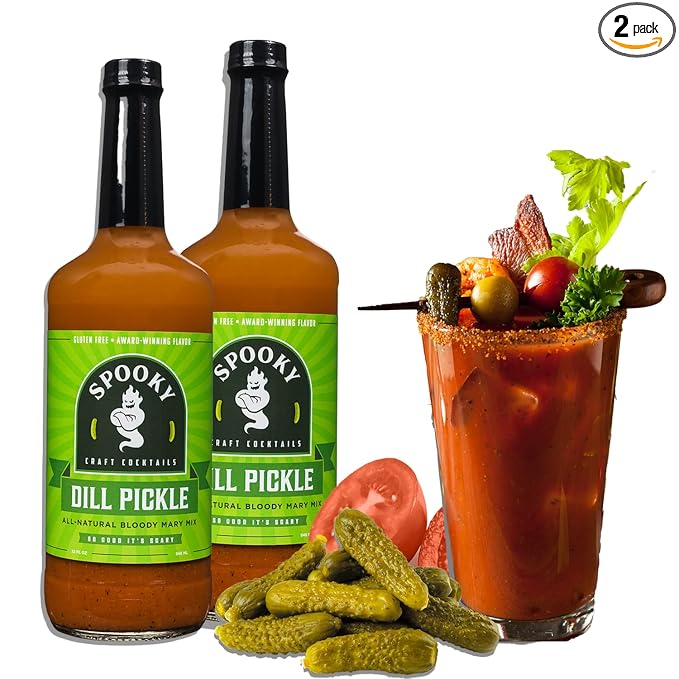 SPOOKY - Dill Pickle Bloody Mary Mix - Made With All Premium Natural Ingredients - No Artificial Color or Flavor - No Preservative No MSG Low Carb Low Calorie &amp Gluten Free - 32 Oz (Pack of 2)