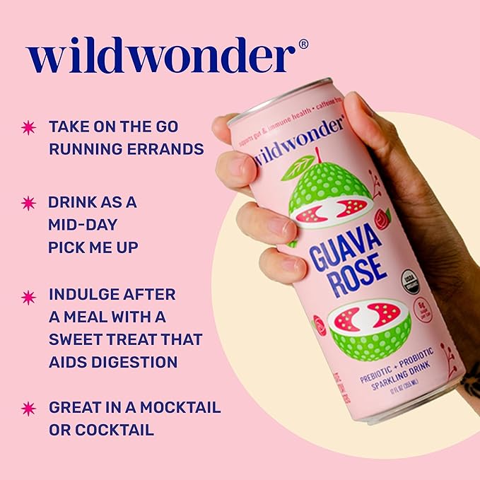 wildwonder Sparkling Probiotic Drink 12pk for Gut Health &amp Immune Support Guava Rose 5 G Prebiotic Fiber Live Probiotics Organic Vegan Low Sugar 12 Pack 12 Oz Can As Seen on Shark Tank