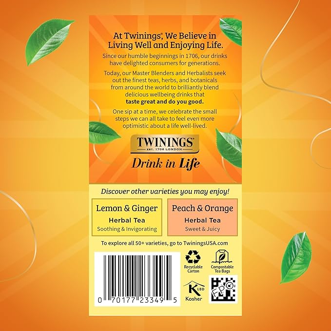 Twinings Mango &amp Pineapple Herbal Tea Individually Wrapped Bags 20 Count (Pack of 6) Naturally Caffeine-Free Enjoy Hot or Iced 120 Teabags