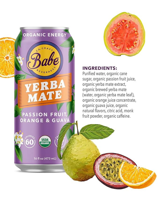 Babe Organic Yerba Mate Energy Drinks | Less Sugar with 150mg Plant-Based Caffeine | Natural Yerba Mate Tea with No Crash No Jitters - Passion Fruit Orange Guava (12 x 16oz Cans)