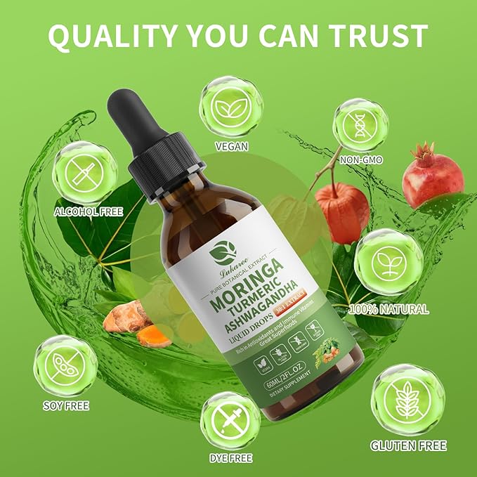 12-in-1 Organic Moringa Drops with Ashwagandha Turmeric Quercetin Lipsomal 98% Absorption &amp 30:1 Extract for Energy Immune Joint Digestive Metabolism Vegan Non-GMO More Potency Than Moringa Pow