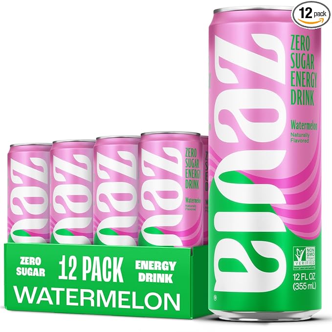 Zevia Zero Sugar Energy Drink Watermelon 12 oz Cans (12-Pack) – Naturally Sweetened Non-GMO Project Verified Gluten-Free Vegan