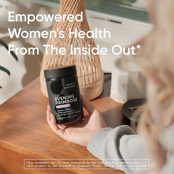 Sports Research Evening Primrose Supplement from Cold Pressed Oil - Softgels for Women’s Health &amp Skin Health - Gluten Free &amp Non-GMO GLA - High Potency 1300mg 120 Count