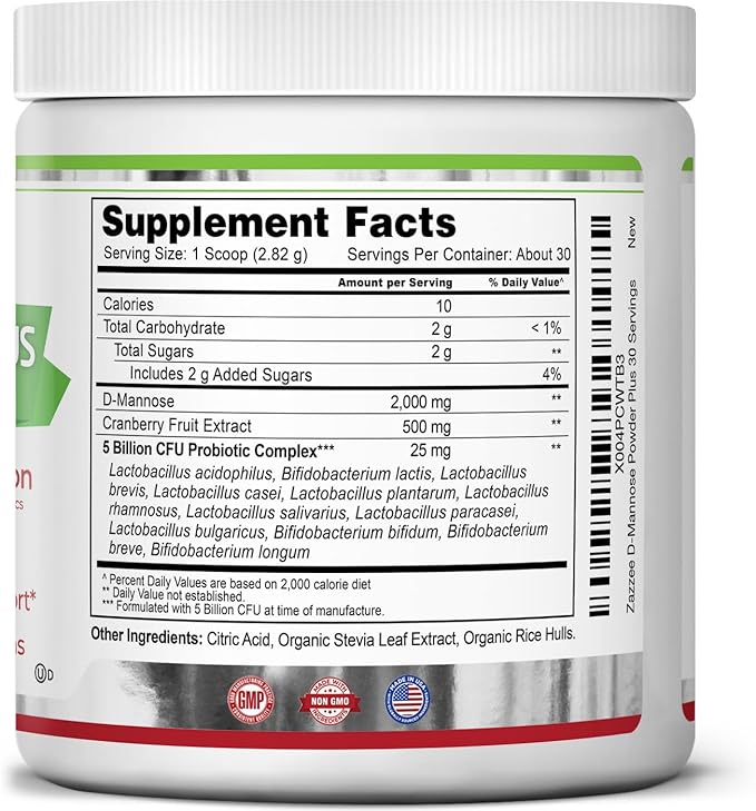 Zazzee D-Mannose Powder Plus 2000 mg 30 Servings Plus 5 Billion CFU Probiotics and Pure Cranberry Juice Extract Certified Kosher Free Scoop 2.98 oz Urinary Tract Support Non-GMO All-Natural