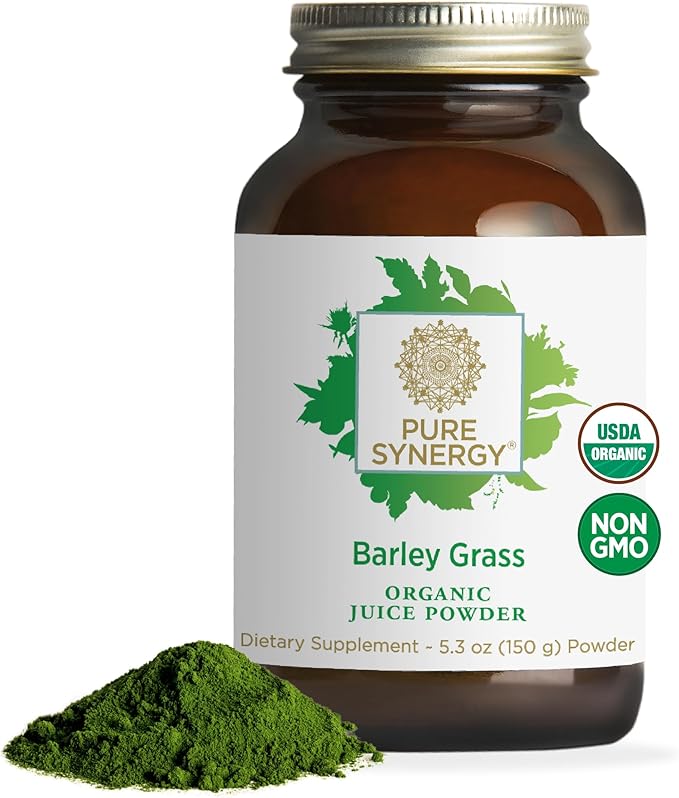 PURE SYNERGY Organic Barley Grass Juice Powder | Chlorophyll-Rich Greens Powder | Organic Cold-Pressed Barley Grass Juice | for Energy Detox and Digestion Support (5.3 oz.)
