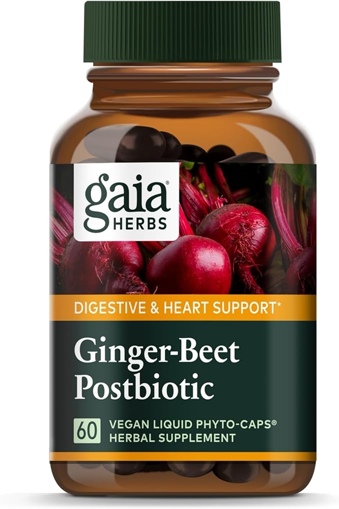 Gaia Herbs Ginger-Beet Postbiotic - Supplement for Gut &amp Heart Health Support* - Made with Fermented Beets &amp Ginger - Free from Dairy Soy &amp Gluten - 60 Vegan Liquid Phyto-Caps (30 Serving