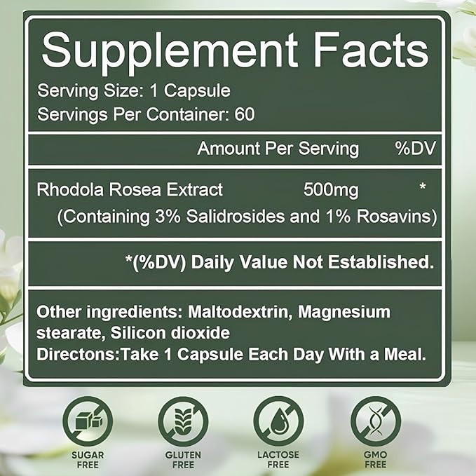 Floraviva Rhodiola Rosea Capsules | 500mg Rhodiola Rosea Extract Supplement for Stress Support Mental Focus &amp Energy Immune Function Non-GMO 60 Capsules