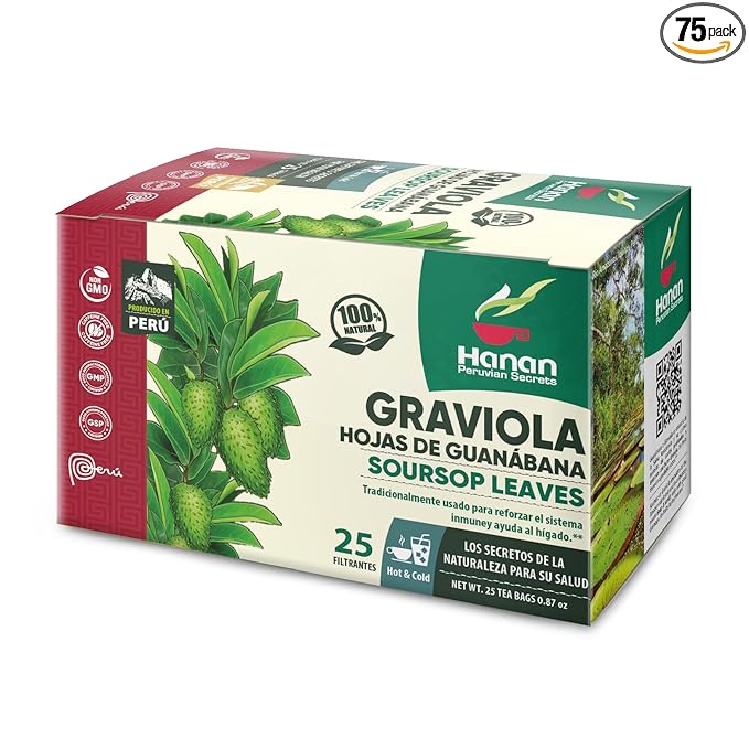 Hanan Peruvian Secrets Hojas De Guanabana-Graviola Herbal Tea | 100% Natural Soursop Leaves | 25 Tea Bags | Naturally Aids in Supporting the Liver and Immune System- 6 Pack