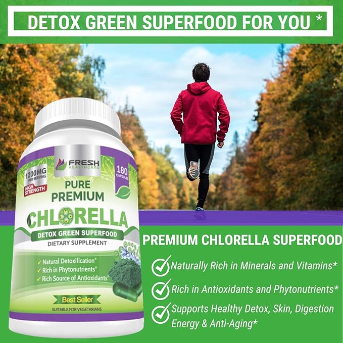 FRESH HEALTHCARE Premium Chlorella Supplement 1200mg Pure Vegan Powder Capsules 180 Chlorophyll and CFG Pills Natural Detox Superfood Naturally Contains B Vitamins and Minerals