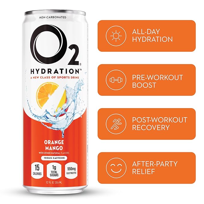 O2 Orange Mango Post Workout Recovery Drink - Caffeinated Electrolyte Drink for Daily Hydration