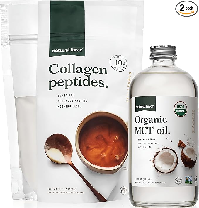 Natural Force Organic MCT Oil + Grass Fed Collagen Peptides Bundle – Organic Non GMO 100% Pure Coconut MCTs &amp Hydrolyzed Type I and III Collagen Protein - 16 Ounce Bottle and 11.7 Ounce Bag
