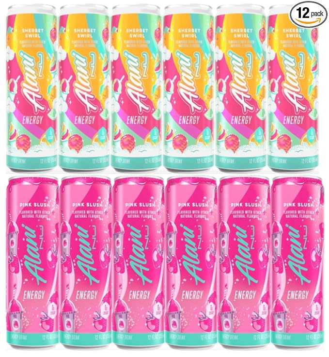 Alani Energy Drinks - Sherbert Swirl and Pink Slush Variety Pack Zero Sugar Energy Boost Drinks - 12 Pack