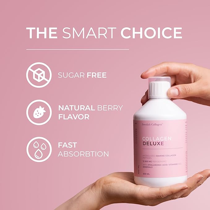Swedish Collagen Deluxe | 12500 mg Hydrolyzed Marine Collagen Liquid Supplement - 3 x 500 ml (1500 ml in Total) 60 Day Supply | Hyaluronic Acid Biotin &amp Vitamin C for Hair Skin Nails &amp J