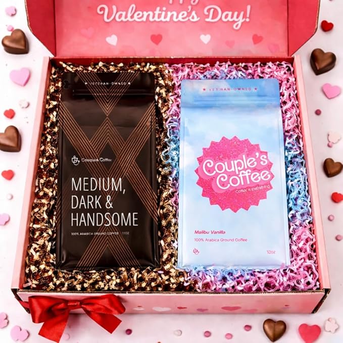 Couple's Coffee | Malibu Vanilla Flavored + Medium Dark and Handsome Coffee | Medium &amp Medium Dark Roast Ground Coffee | Valentine’s Day | His and Hers | 12oz | 100% Arabica