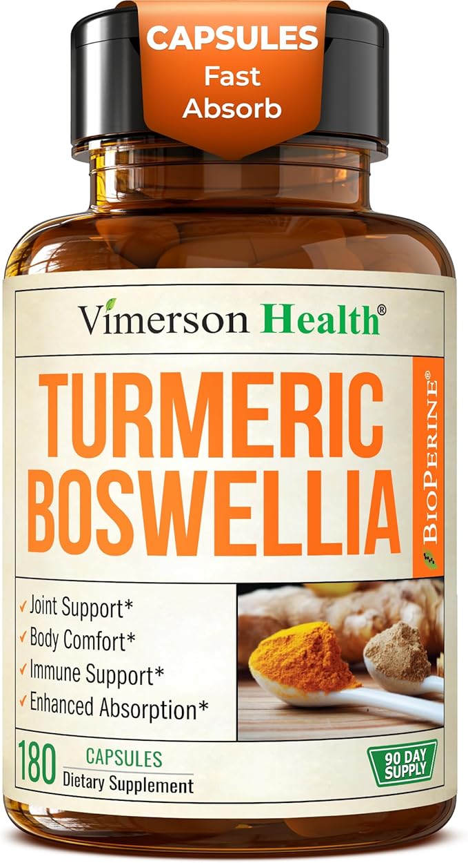 Boswellia Serrata Turmeric Supplement for Joint Support &amp Inflammation Balance – Turmeric Boswellia Supplement with Ginger &amp Black Pepper Extract for Enhanced Absorption – Non-GMO - 180 Capsul