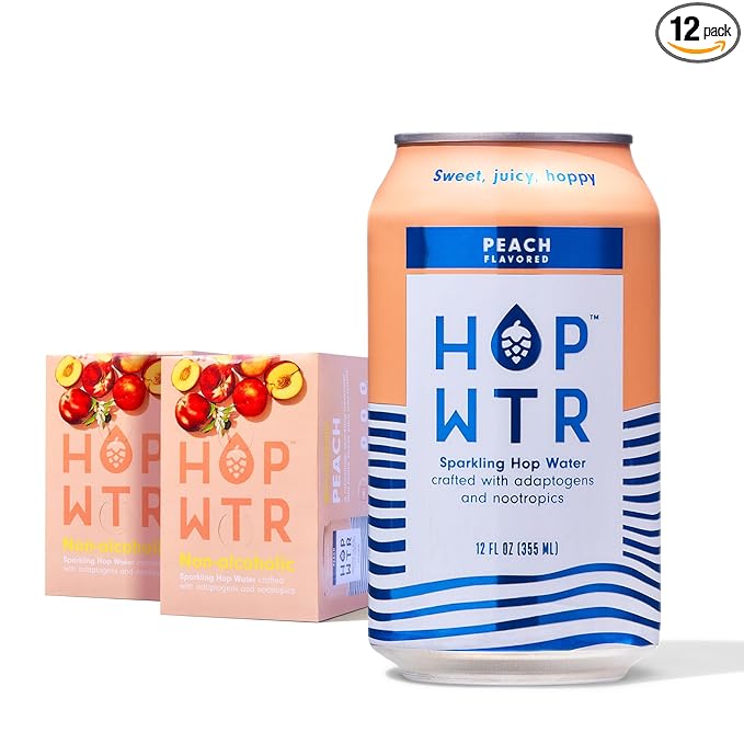 HOP WTR Sparkling Hop Water Peach 12 Pack Sugar Free Low Carb Non Alcoholic Drinks NA Beer Adaptogen Drink No Calories Adaptogens &amp Nootropics for Added Benefits 12 oz Cans