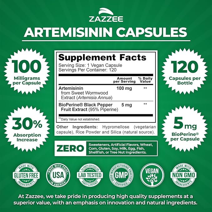 Zazzee High Absorption Artemisinin 100 mg per Capsule 120 Vegan Capsules with 5 mg BioPerine for Maximum Absorption Sweet Wormwood Extract 4 Month Supply All-Natural and Non-GMO