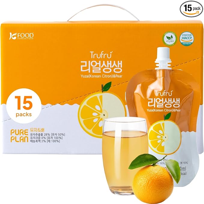 Korean Food Trufru Real Yuzu Pear Ginger Essence - All-Natural Cold Pressed Vitality Shot Morning Recovery 15 Individual Mini Packs (17.8 oz Total)
