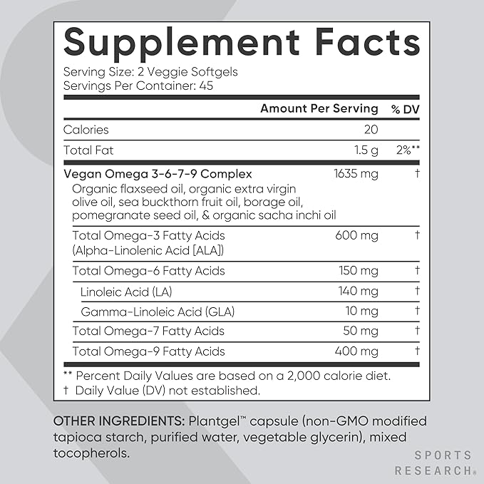 Sports Research® Vegan Omega 3-6-7-9 - 1200 mg of Multi-Spectrum Omega Fatty Acids Certified Non-GMO Formula with Sea Buckthorn &amp Borage Oil - 90 Veggie Softgels
