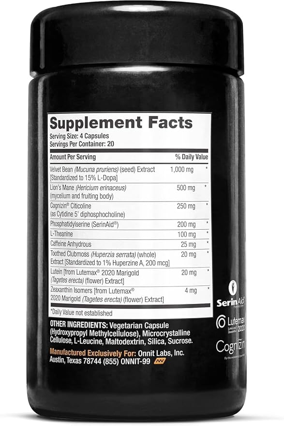 ONNIT Alpha Brain Black Label Capsules IGEN Non-GMO Tested Citicoline Brain Supplement for Concentration and Memory Lion’s Mane Lutemax Lutein L Theanine and Mucuna Pruriens 80 Count