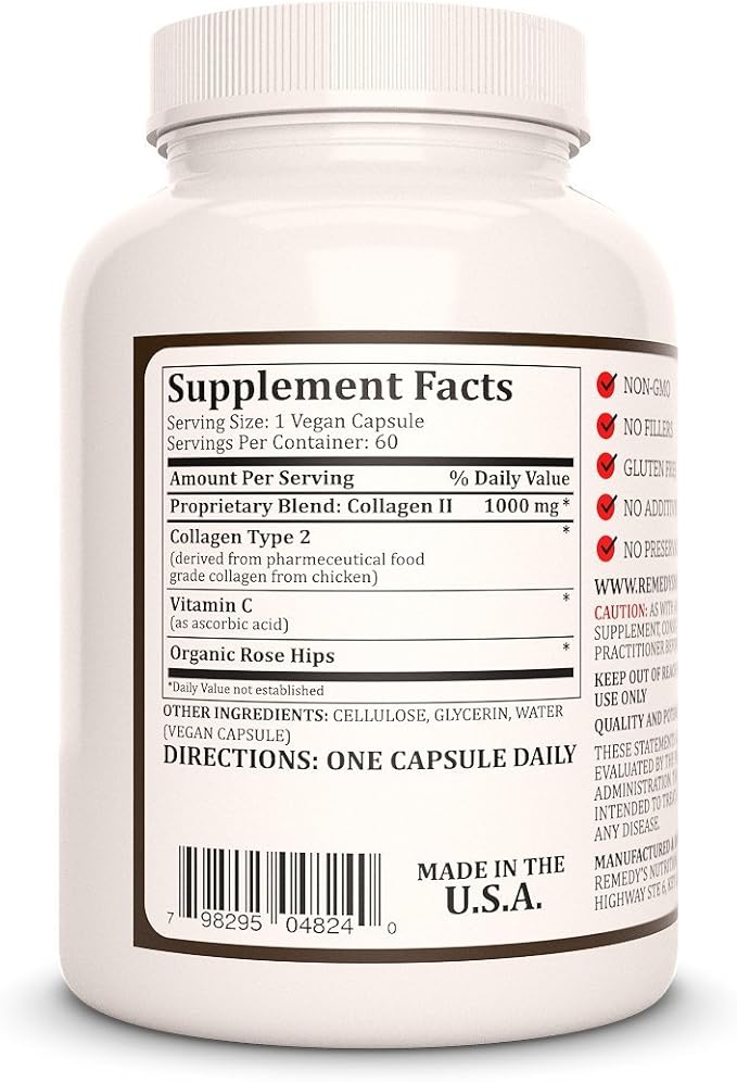 Remedy's nutrition Collagen Type 2 | 1000 mg 60 Vegan Capsules Dietary Supplement | Two Month Supply