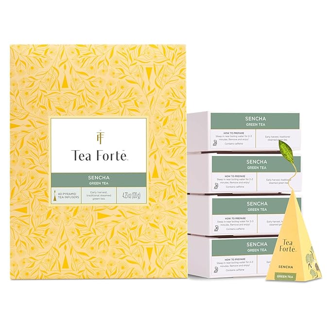 Tea Forte Sencha Premium Caffeinated Green Tea Blend Event Box Bulk Pack 40 Count 10 per tray Individually Wrapped Handcrafted Pyramid Infusers
