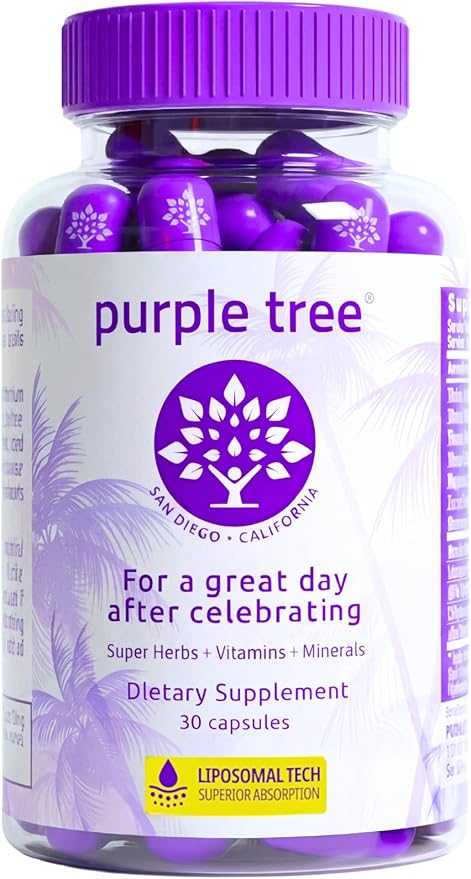 purple tree Post-Celebration Wellness Supplement for Liver Support &amp Hydration | Liposomal Dihydromyricetin (DHM) L-Glutathione Milk Thistle B Vitamins Minerals Willow Bark | 30 Pills