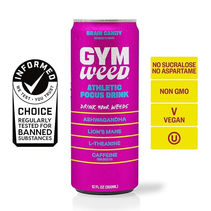 GYM WEED Athletic Focus Drink with KSM-66 Ashwagandha Lion's Mane Mushroom L-Theanine 200mg Green Tea Caffeine with Natural Sweeteners Brain Candy Flavor 12 Pack