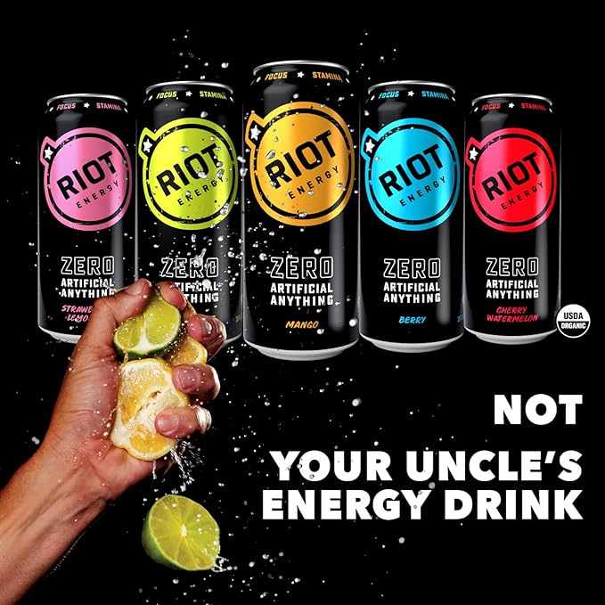 RIOT Clean Energy Drink – No Sucralose No Sugar Added No Artificial Flavors | 160mg Natural Caffeine + 100mg L-Theanine | Clean Focus Stamina &amp Smooth Energy | 16 Fl Oz (Pack of 12) (Variety Pa