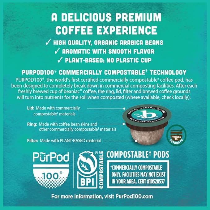 beaniac Organic Daily Dose Donut Shop Light Roast Single Serve Compostable K Cup Coffee Pods Organic Arabica Coffee Keurig Brewer Compatible 30 Count