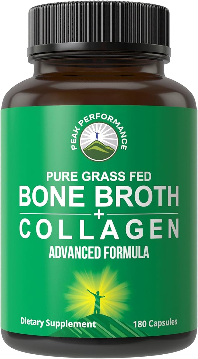 Peak Performance Bone Broth Collagen Capsules - 180 Pills of Grass Fed Bone Broth Collagen Protein Peptides - Contains All 3 Types 1 2 and 3 - Pure Pasture Raised Paleo Friendly for Women &amp Men