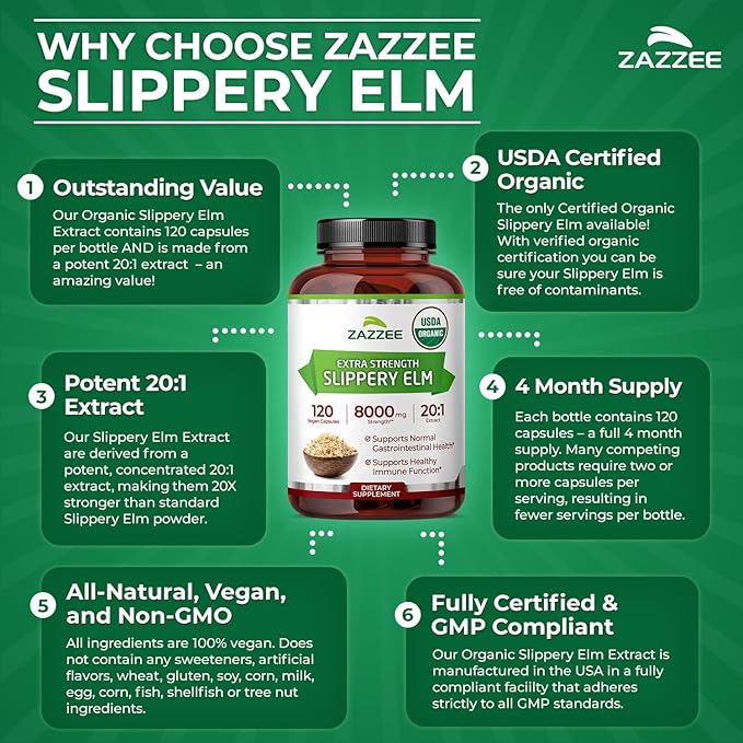 Zazzee USDA Organic Slippery Elm Bark 20:1 Extract 120 Vegan Capsules 4 Month Supply Ulmus Rubra Digestive Throat &amp Mucosal Support Herbal Supplement All-Natural Non-GMO Made in the USA