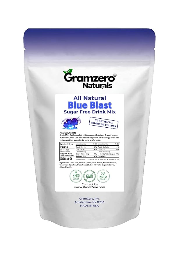 GramZero All Natural Blue Blast Zero Calorie Sugar Free Drink Mix Great For Nutrition Club Loaded Tea Stevia Sweetened