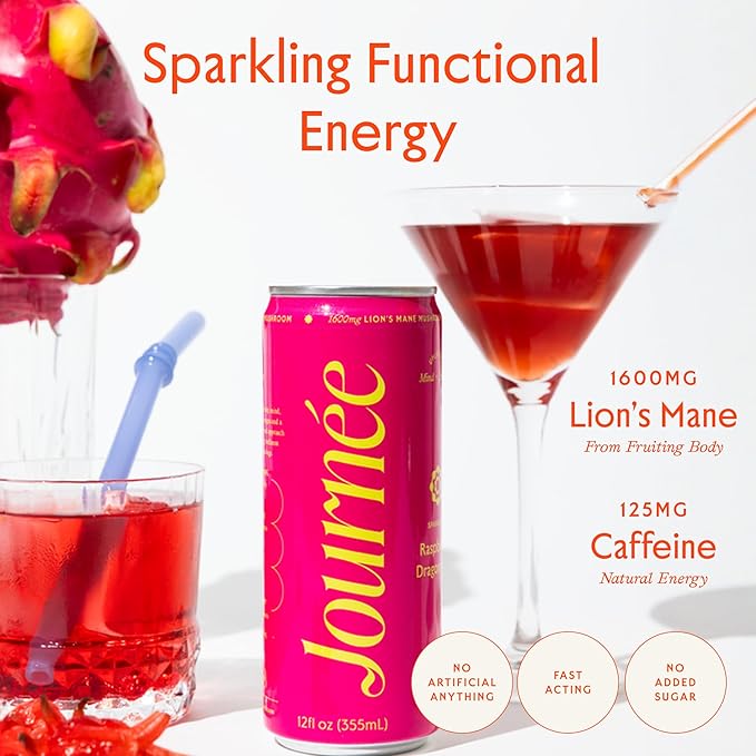 Journée Wellness Energy Drink Natural Caffeine Lion’s Mane L-Theanine 125 mg Caffeine Real Fruit Juice All Natural 0 Added Sugar Cognition Immunity - Raspberry Dragonfruit – 12 Pack