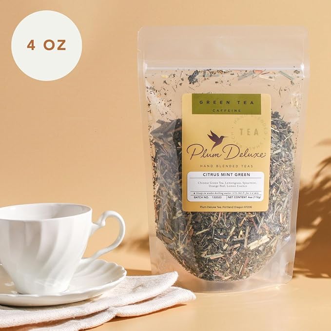 Citrus Mint Green Tea – Refreshing Loose Leaf Blend with Green Tea Orange Lemon Lemongrass and Spearmint – Low Caffeine – Hot or Iced – 60 to 80 Cups – No Added Sugar – Hand Crafted in USA - Plum D