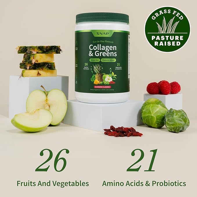 Snap Supplements Super Greens Powder with Collagen Peptides 26 Fruits and Vegetables Grass Fed Non-GMO Daily Greens for Hair Skin Nails &amp Joint Support 11.34 oz (30 Servings 1 Month Supply