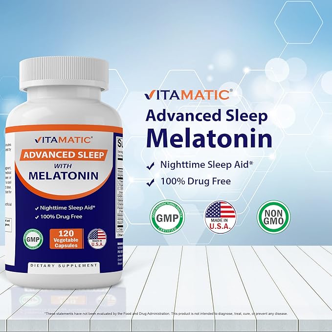 Vitamatic Melatonin Combo 20mg Melatonin Made with B6 Magnesium L-Theanine L-Tryptophan 5-HTP GABA Valerian Chamomile Passion Flower Ashwagandha &amp Black Pepper