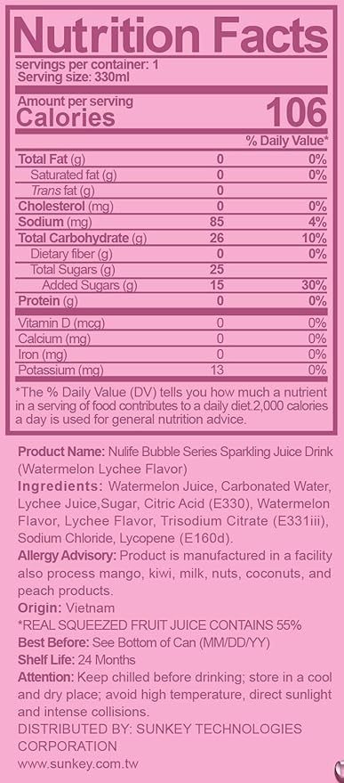 Nülife Bubble Series Sparkling Fruit Juice 55% Real Juice Watermelon Lychee Soda Tropical Carbonated Fruit Water Refreshing Drink Cans 11.2 Fl Oz (Pack of 12)