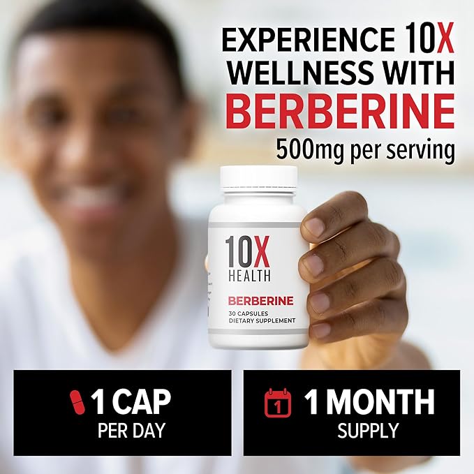 10X Health Berberine Supplement 500mg - Contains Dihydroberberine Supplement for Better Absorption - Supports Cardiovascular &amp Gut Health Supplements for Women &amp Men - 30 Capsules