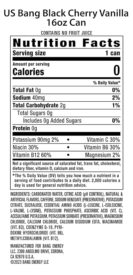 Bang Energy Black Cherry Vanilla Sugar-Free Energy Drink 16-Ounce | Pack of 12